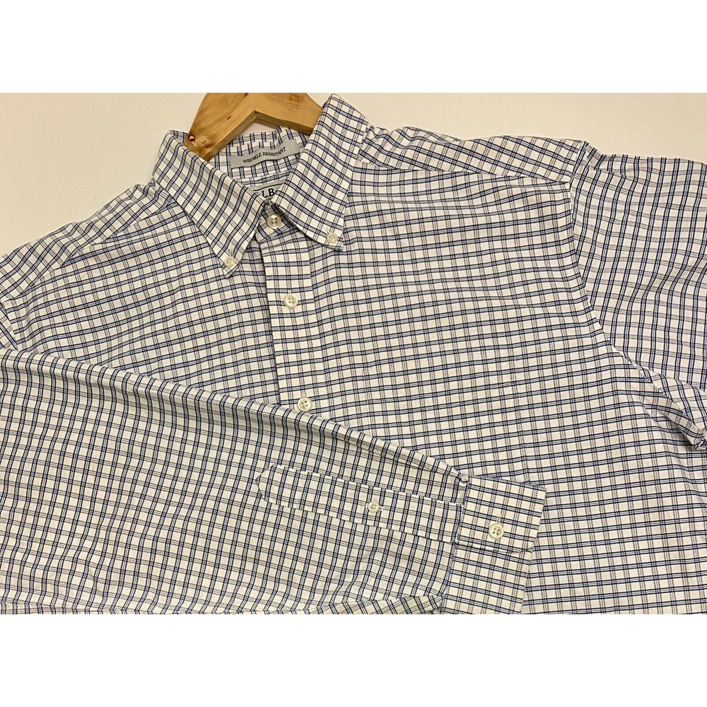 LL BEAN Men's (XL) 16.5-37 Wrinkle Resistant Blue/White Check Button-Down Shirt